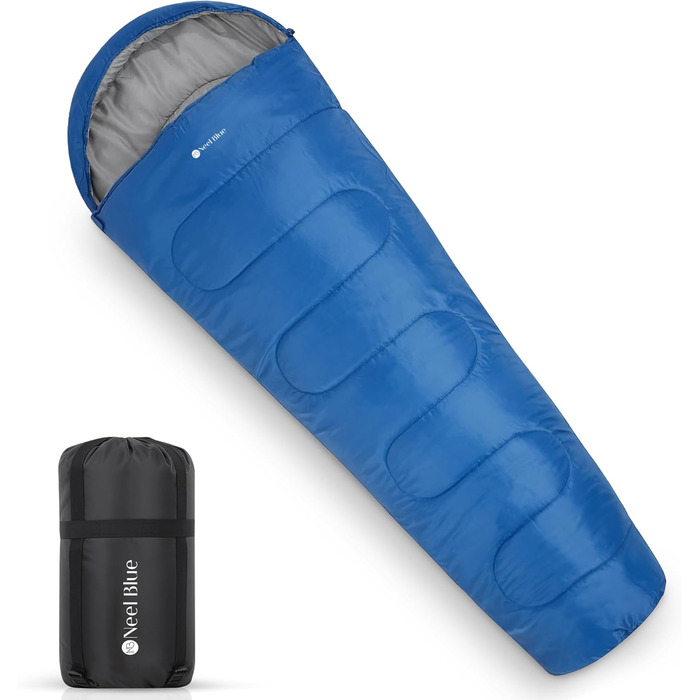 Спальний мішок Mumienschlafsack для дорослих - легкий, компактний, водонепроникний з капюшоном, 220x85см, теплий, пральний, для кемпінгу, походів, подорожей, зелений (королівський синій)