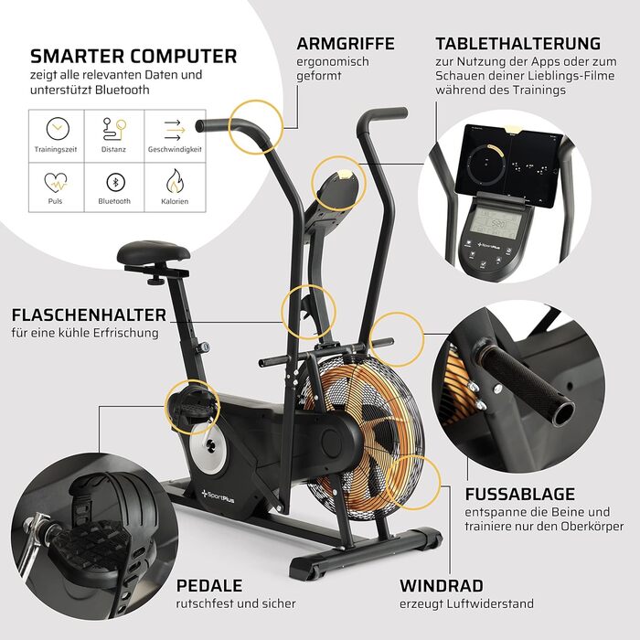 Велотренажер SportPlus Profi Air Bike з повітряним опором, сумісний з додатком, для HIIT, розумний комп'ютер, до 135 кг, чорний/жовтий