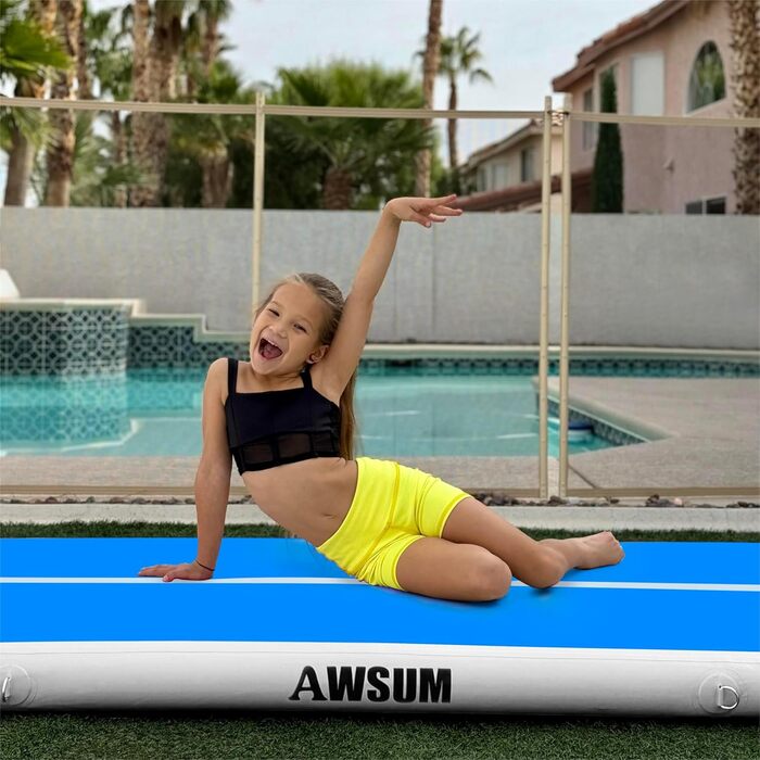 AWSUM Гімнастичний надувний мат для тренувань, фітнесу та акробатики, 3х1 метр, блакитно-білий, з насосом та сумкою