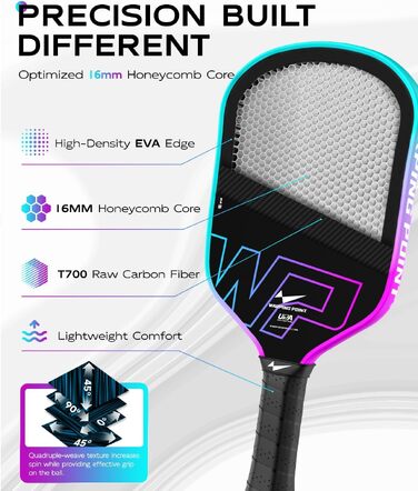 Ракетка для піклболу Warping Point Neon Gen 3, вуглецеве волокно T700, 16 мм EdgeFusion Core, термоформована рама, UPA-схвалено, синьо-фіолетовий градієнт