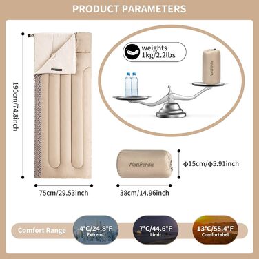 Спальний мішок Naturehike для дорослих та дітей: водонепроникний, легкий, 3-4 сезони, 190 x 75 см, кремовий