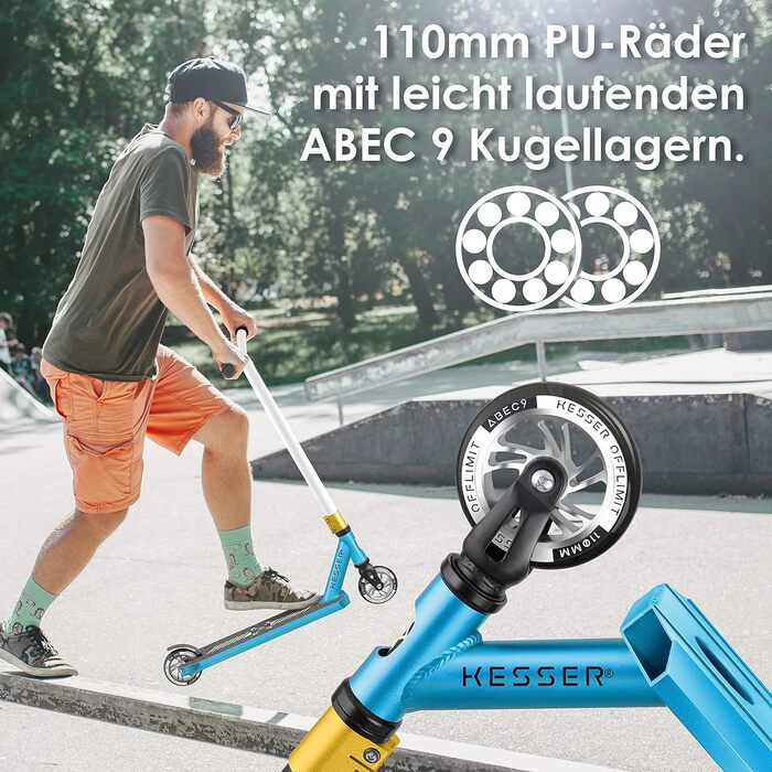 Трюковий самокат KESSER X-Limit-Pro 360° з підніжкою, підшипники ABEC 9, 110 мм PU колеса, для дітей і дорослих, Petrol Blue/White