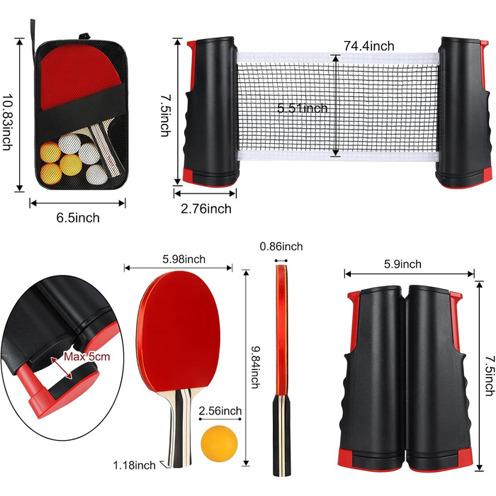 Набір для настільного тенісу KIMIGO: 2 ракетки, 6 м'ячів, сітка та сумка. Підходить для початківців та досвідчених гравців, для гри в приміщенні та на вулиці.