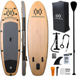 Надувна SUP-дошка Whitewood 305-335 см, преміум-дизайн під дерево, вантажопідйомність 180 кг, для 2-3 осіб, з аксесуарами: рюкзак, весло, насос, страховочний ремінь, водонепроникна сумка