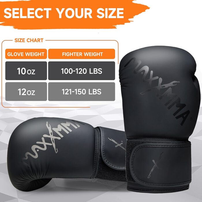 Боксерські рукавички MaxxMMA Pro Style для чоловіків та жінок, 12 унцій, чорні. Ідеальні для тренувань, спарингу, кікбоксингу та роботи з мішком.