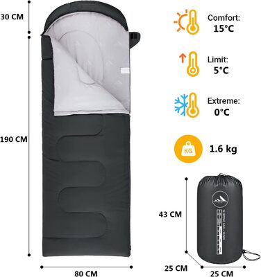 Спальний мішок HikeMeister® Mumienschlafsack 1600 г - для кемпінгу, чорний, 220 x 80 см, з внутрішньою кишенею, комфортна температура 0-15°C, з чохлом для перенесення