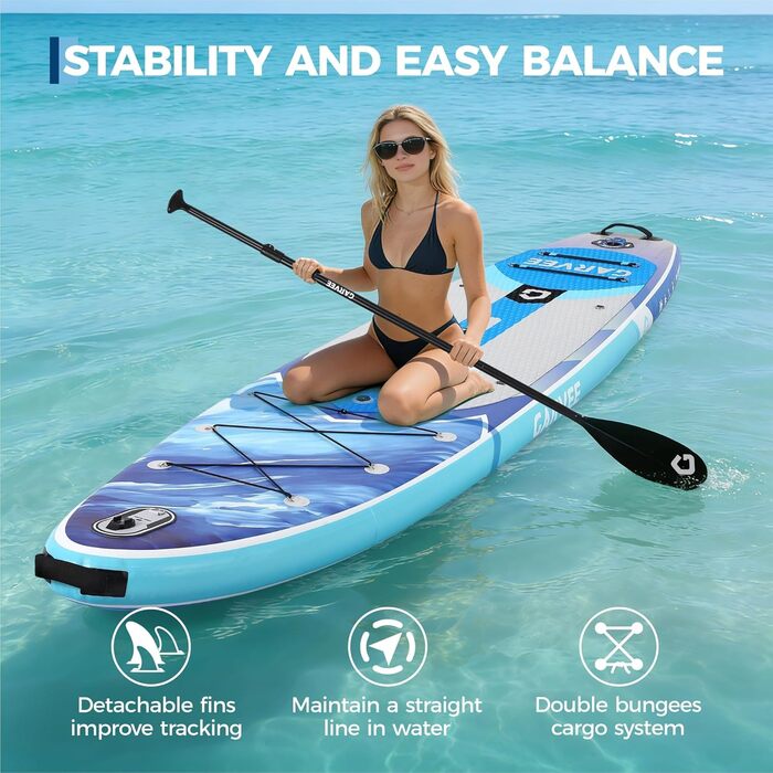 SUP Board Garvee надувний, блакитний 335x85.9x15 см - Комплект для дорослих та підлітків: весло, насос, рюкзак, EVA-дека