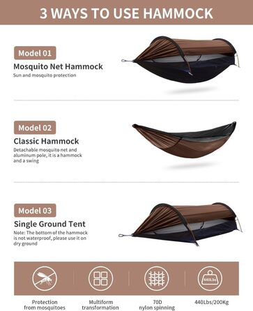 Гамак-намет Travel Bird з москітною сіткою та сонцезахистом, 290x140 см, великий простір, багатофункціональний, легкий, з ременями для кріплення до дерева, підходить для кемпінгу та відпочинку на природі, зелений (коричневий)