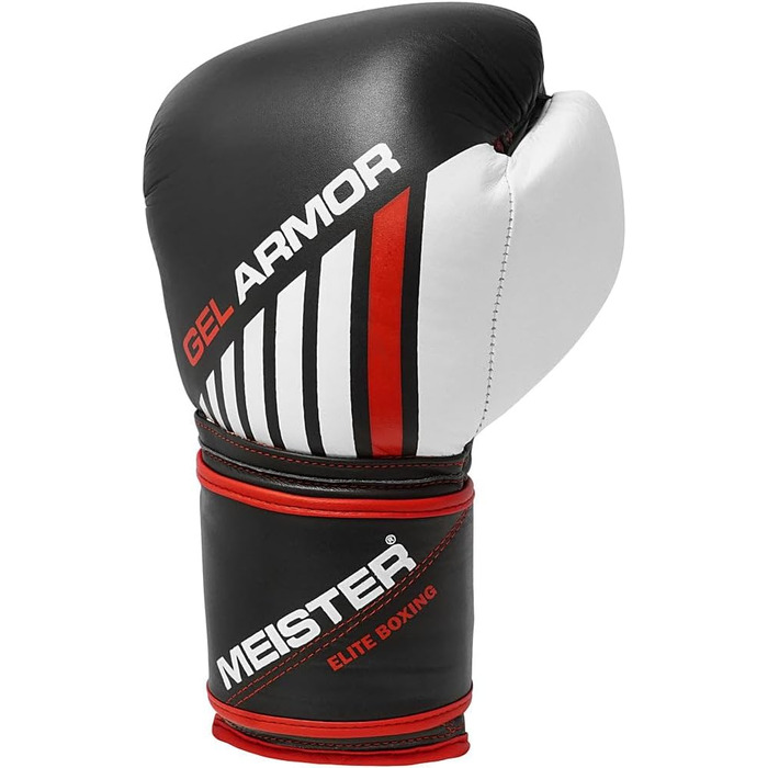 Боксерські рукавички Meister Gel Armor 16oz для тренувань з натуральної шкіри, чорні/червоні/білі, дорослі, з сітчастою сумкою