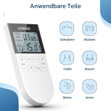 Пристрій TENS EMS Liorque для терапії болю: 3-в-1, 50 режимів, 10 електродів, стимуляція м'язів для рук, ніг, спини, плечей (білий)
