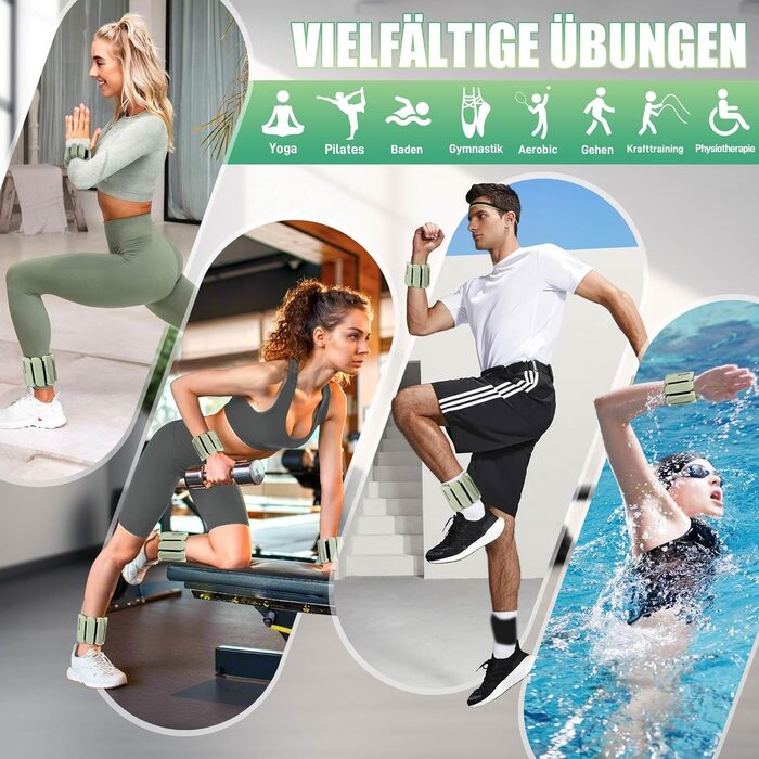 Важкі манжети BECOJADDE для ніг та рук, 0.45 кг / 0.9 кг (комплект 2 шт.) для бігу, кардіо та силових тренувань. Зелені, 0.9 кг пара (0.45 кг кожна).