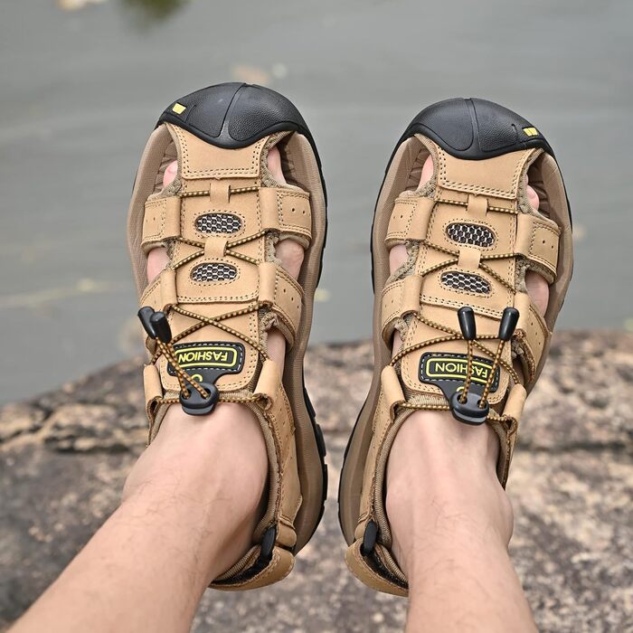 Чоловічі сандалі з натуральної шкіри для відпочинку, трекінгу та риболовлі. Легкі, дихаючі сандалі на літо (47 EU, Хакі)