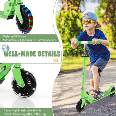 Дитячий самокат Kinder Scooter з LED колесами, алюмінієвий, складаний, регульована висота (до 50 кг), зелений