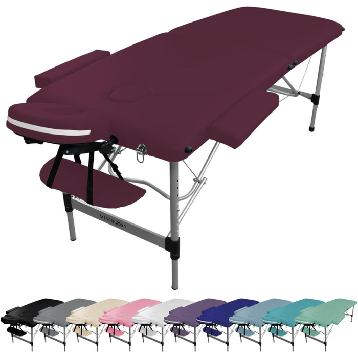 Складаний масажний стіл Vivezen з алюмінію (2 зони) + аксесуари та сумка для транспортування (колір слива)