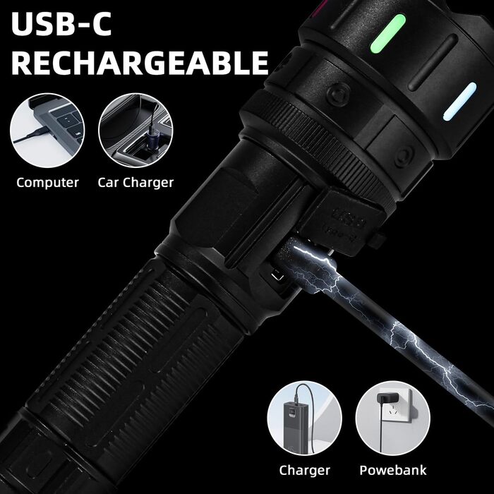 Ліхтар тактичний LED Azyvum, 1000000 люмен, Zoom, 5 режимів, водонепроникний IP67, для кемпінгу, риболовлі, туризму, надзвичайних ситуацій (чорний)