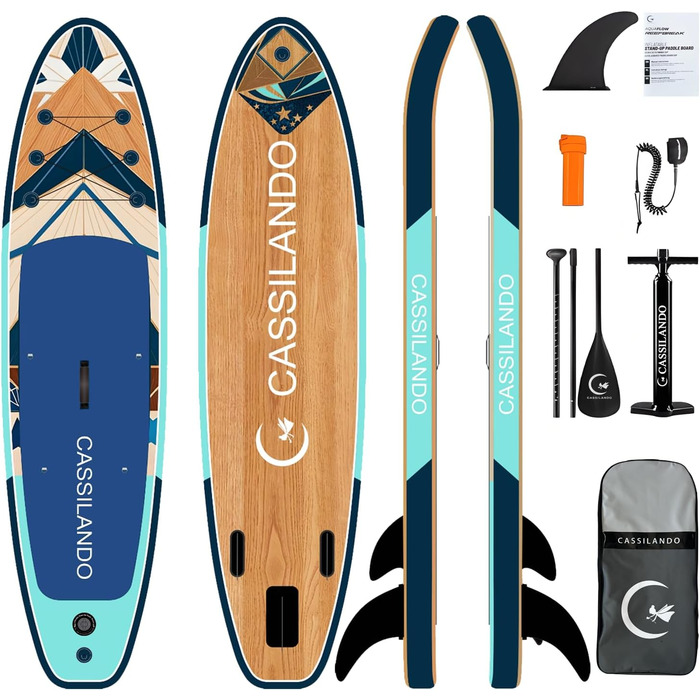 Надувний SUP дошка CASSILANDO Stand Up Paddle Board 335 см з аксесуарами та сумкою для перенесення, для йоги, риболовлі, серфінгу, підходить для дорослих та підлітків, з імітацією текстури дерева, колір м'ятно-зелений