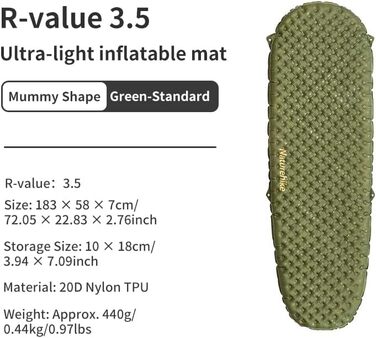 Килимок туристичний Naturehike Ultraleichte 3.5R, самонадувний, зелений, для кемпінгу, трекінгу, альпінізму, подорожей