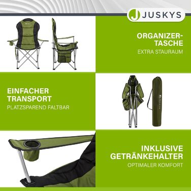 Крісло для кемпінгу Juskys Lido складне з підстаканником, кишенею та сумкою - зручне крісло для відпочинку на природі з підлокітниками та спинкою, 4 кольори (зелений)