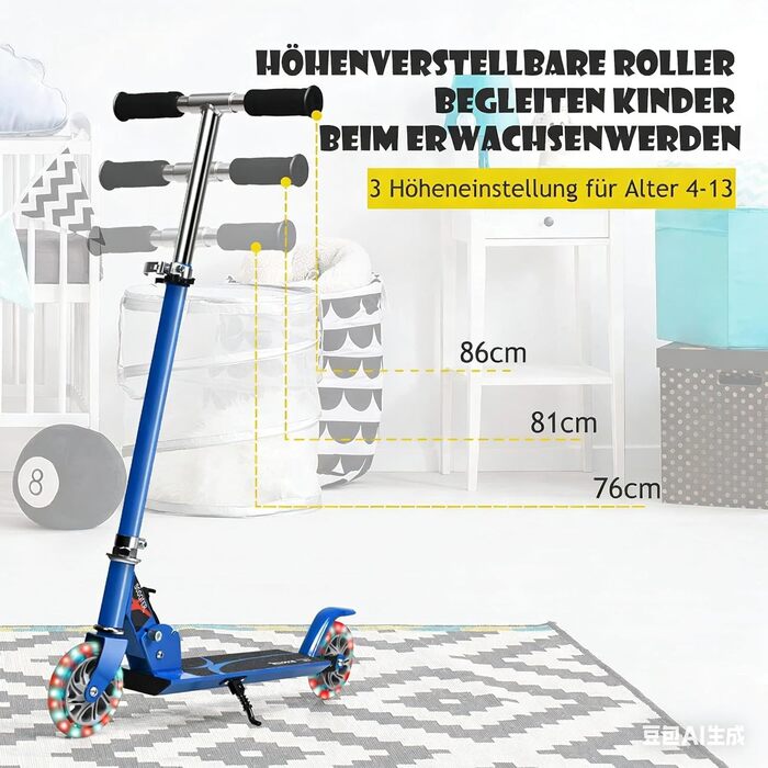 Дитячий ролер GOPLUS Roller Kinder 4 роки з LED-колесами, гальмом на задньому колесі та підніжкою, регульований по висоті, легкий алюмінієвий, складної конструкції, до 70 кг, блакитний