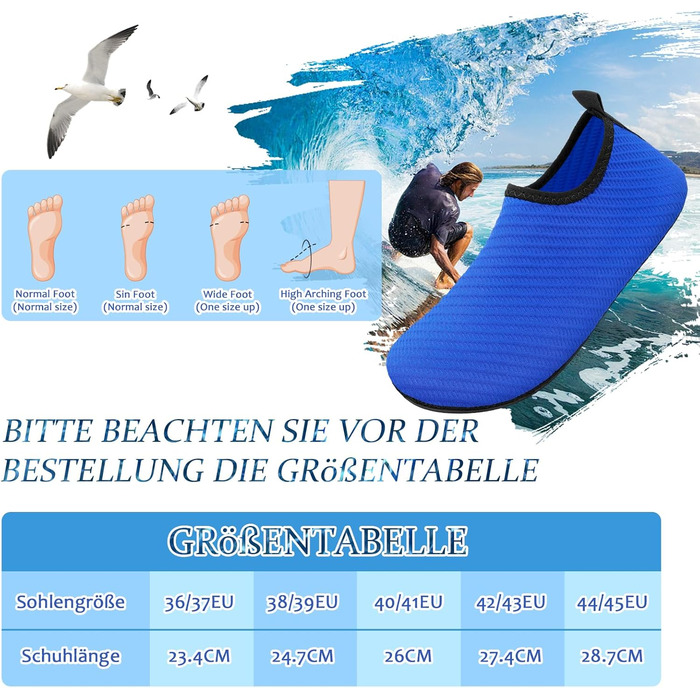 Чоловічі та жіночі аквашузи для плавання та водних видів спорту, легкі, швидковисихаючі, з антиковзким покриттям, блакитна лінія, 42/43 EU