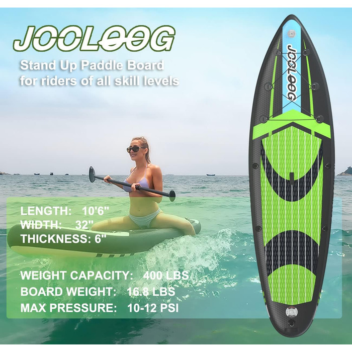 Надувний SUP-борд JOOLOOG Stand Up Paddle Board з сидінням для каяків, 320 x 81 x 15 см (зелений)