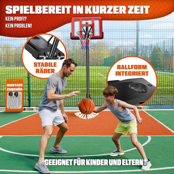 Баскетбольний кошик KESSER® Outdoor зі стійкою та колесами. В комплекті: 2 сітки, м'яч та насос. Регульована висота 230-305 см. Підходить для дітей та дорослих (червоний)