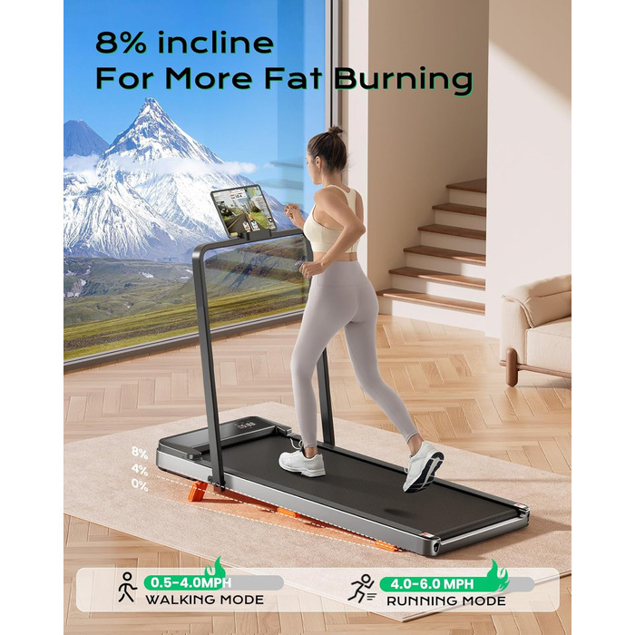 Біговий доріжка з нахилом для дому та офісу, 2.5 PS, портативна під стіл, вантажопідйомність 120 кг, з пультом керування, LED-дисплеєм, колір сріблястий