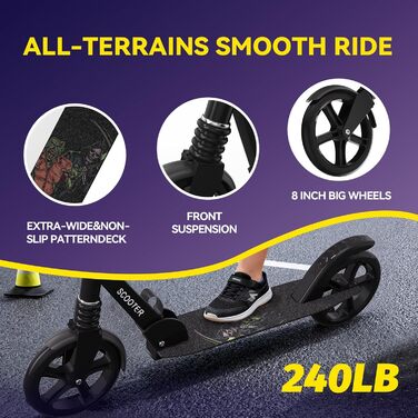 Nattork Kick Scooter з міцними колесами для підлітків та дорослих - чорний, вантажопідйомність 100 кг, амортизатор та регульоване кермо