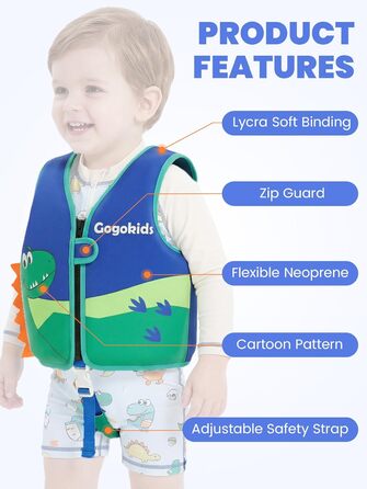 Дитячий жилет для плавання Gogokids 15-30 кг, для навчання плаванню, для малюків, неон, неопрен, регульований, 1-8 років (Зелений динозавр, L (5-8 років))