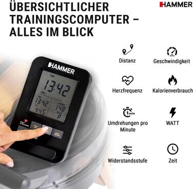 Гребний тренажер HAMMER AquaFold: складаний, з натурального дерева, з Bluetooth та комп'ютером для домашніх тренувань