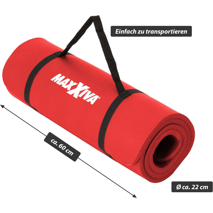 Килимок для йоги MAXXIVA® 190x60x1,5 см, без фталатів, нековзкий, з ременем для перенесення, червоний – фітнес, спорт, тренування
