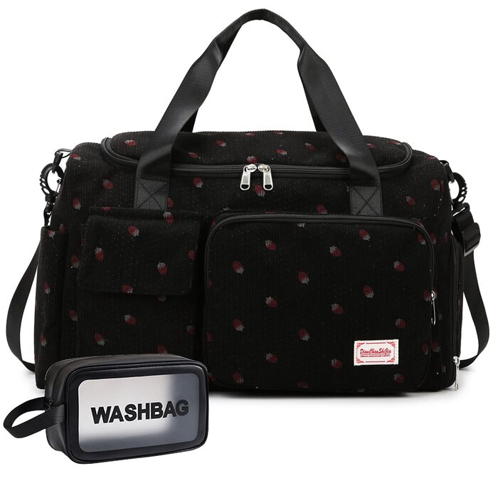Жіноча маленька спортивна сумка для подорожей та ручної поклажі з відділенням для взуття, набором з косметичкою та мішком для речей (Колір: Полуниця/Чорний)