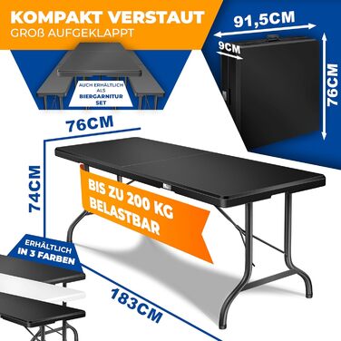 Складний стіл KESSER для пікніка та саду 183x76 см, антрацит - для 6 осіб, з чохлом та ручкою для перенесення