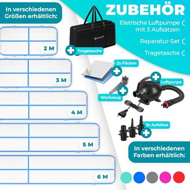 Надувна гімнастична матка KESSER® Airtrack 2м/3м/4м/5м/6м | Килимок для фітнесу, йоги, акробатики | з сумкою та електропомпою | Мінт-зелений (блакитний)