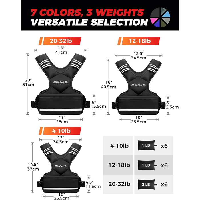 Вага для тренувань BAGAIL: регульована жилетка з відстібними вагами, 1.8-4.5 кг, чорна