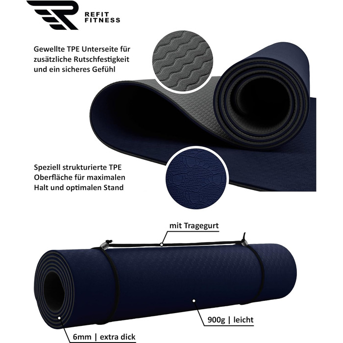 Килимок для йоги REFIT FITNESS Perfect-Fit 190 x 60 x 0,6 см з покриттям GeckoGrip & Sensi-Plus TPE. Нековзкий, без шкідливих речовин, з ремінком для перенесення. Підходить для гімнастики та спорту.