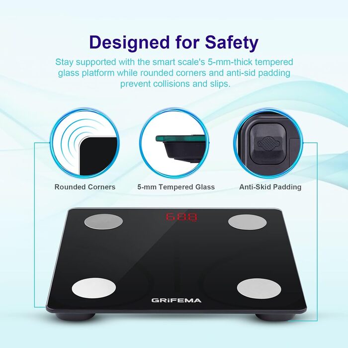 Ваги GRIFEMA Digitale Personenwaage з вимірюванням жиру та м'язової маси, Bluetooth, для BMI, протеїну, чорного кольору. Підключення через додаток.