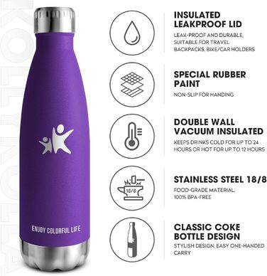 Термос-пляшка KollyKolla з нержавіючої сталі 500мл/750мл/1л, без витоку, ізольована, для дітей, спорту, школи, фітнесу, відпочинку на природі, кемпінгу (500 мл, нова | Темно-фіолетовий)