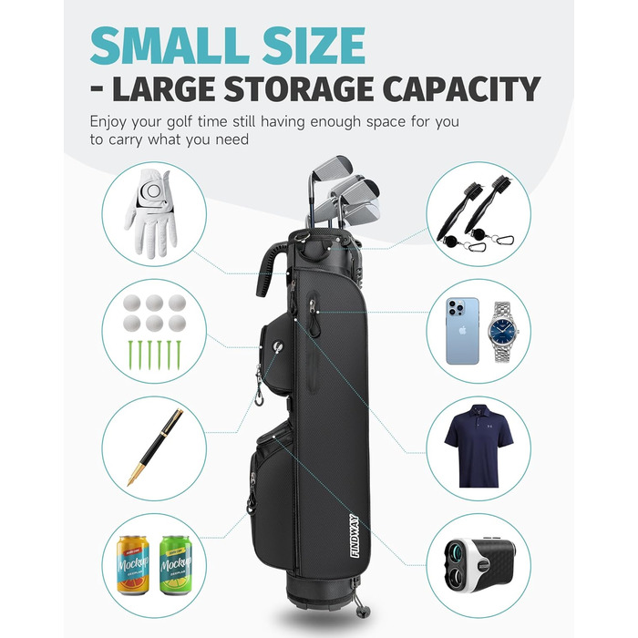 Сумка для гольфу Findway, легка та портативна, з підставкою, 3 відділення, регульований плечовий ремінь, 5 кишень та ручка, для чоловіків та жінок (чорна)