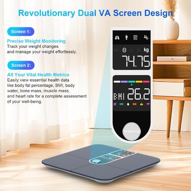 Healthkeep Розумні ваги для тіла, Bluetooth, 2 дисплеї, ITO-покриття, 16 показників, вимірювання пульсу, додаток для Android та iOS, максимальна вага 180 кг, сріблясті