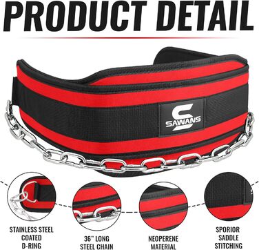 Пояс для підтягувань Dip з нержавіючої сталі, 91.4 см, для бодібілдингу, важкої атлетики, тренувань у спортзалі, пауерліфтингу, з неопреновою підтримкою спини, чоловічий, універсальний (червоний)