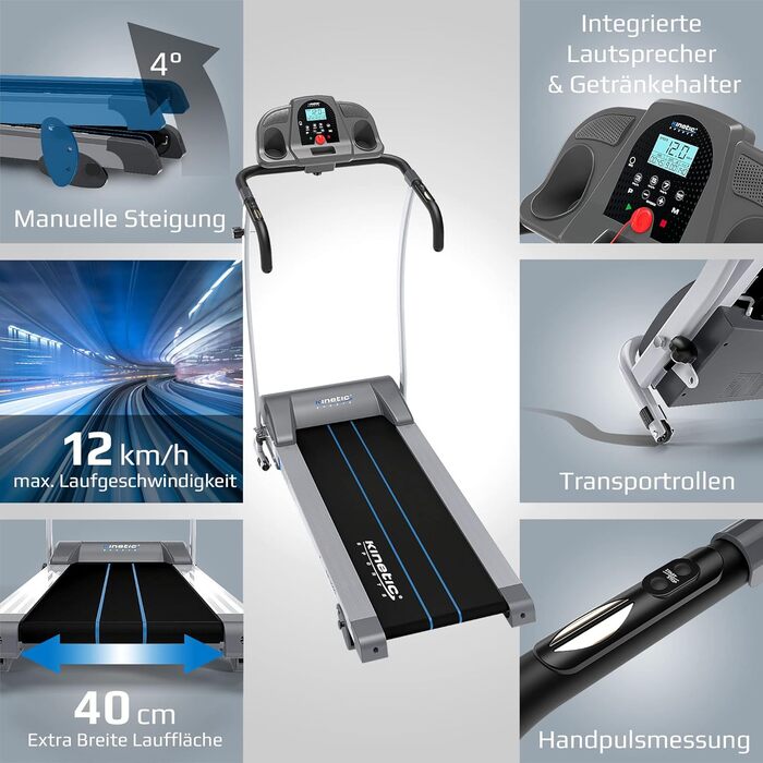Бігова доріжка KINETIC SPORTS Pro KST3000, складана, 1100 Вт, 12 програм, нахил, динаміки, до 12 км/год, велика бігова поверхня