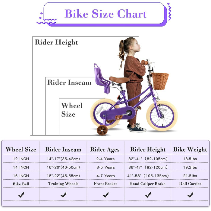 Дитяче велосипед RULLY Donna для дівчаток 2-7 років, 12/14/16 дюймів, з іграшковим сидінням, додатковими колесами, кошиком та стрічками