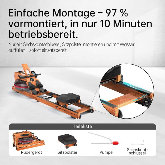 Складальний гребний тренажер R3 з дубового дерева, з Bluetooth LCD-дисплеєм, підтримкою Kinomap, баком для води 28л, ергономічним сидінням та тримачем для планшета, до 150 кг