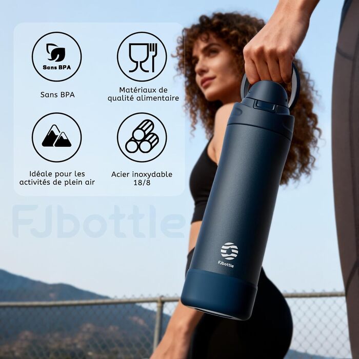 Спортивна пляшка для води Fjbottle з нержавіючої сталі 750 мл, синя — з кнопкою відкриття, силіконовим дном та щіткою для чищення