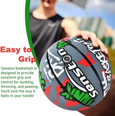 Баскетбольний м'яч Senston, розмір 7, з насосом, для вулиці, антиковзаюча поверхня, відмінне зчеплення (Сірий/Червоний)