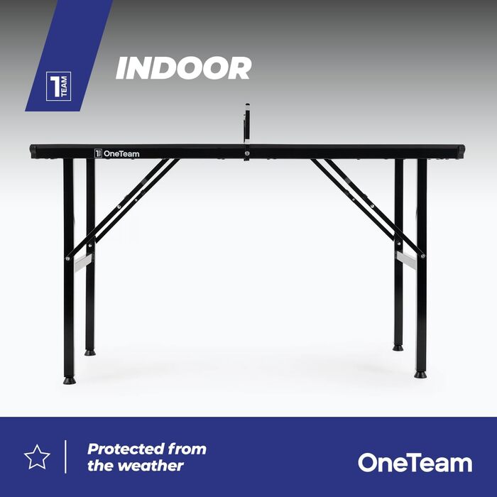 Стол для пінг-понгу OneTeam для гри в приміщенні з сіткою та складними панелями, 2 відділення для м'ячів та ракеток, транспортні ролики з фіксацією (OT-MTI-01)