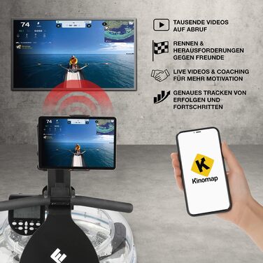 Водний гребний тренажер FitEngine з додатком Kinomap, натуральне дерево, LCD-дисплей, ергономічне сидіння, тримач для планшета/смартфона