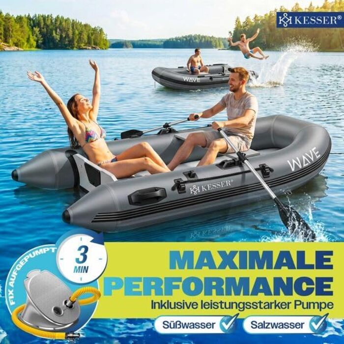 Надувний човен KESSER® Wave 230-320 см (комплект 6 в 1): човен, лавка, насос, весла, ремкомплект, сумка. Можливість встановлення мотора, для солоної води, антрацит.