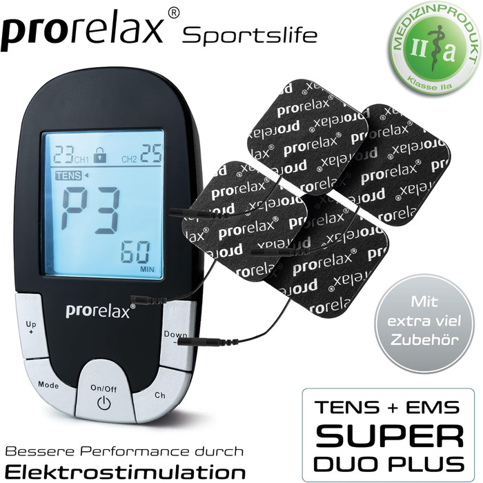 Prorelax TENS/EMS Duo Comfort Blackline: електростимулятор для м'язів та зняття болю | 2 терапії в одному приладі | З підсвічуваним дисплеєм